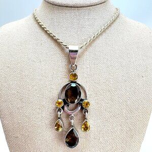 Smoky Quartz & Citrine Lavalier Pendant VTG 925 Sterling Silver 30" Rope Chain